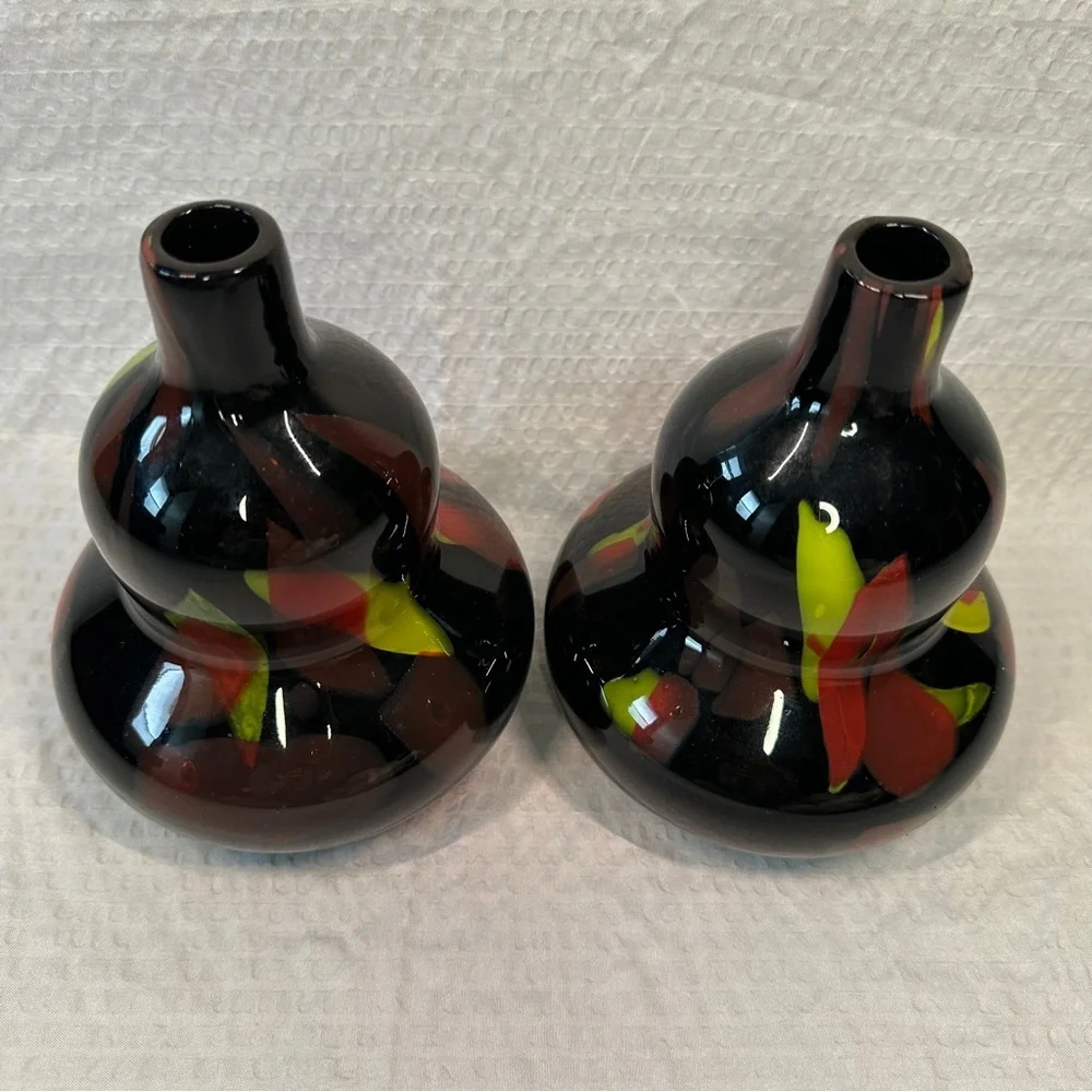 Stunning PAIR Vtg Murano Style Art Glass Vases Black Gourd Shape Red Green MCM